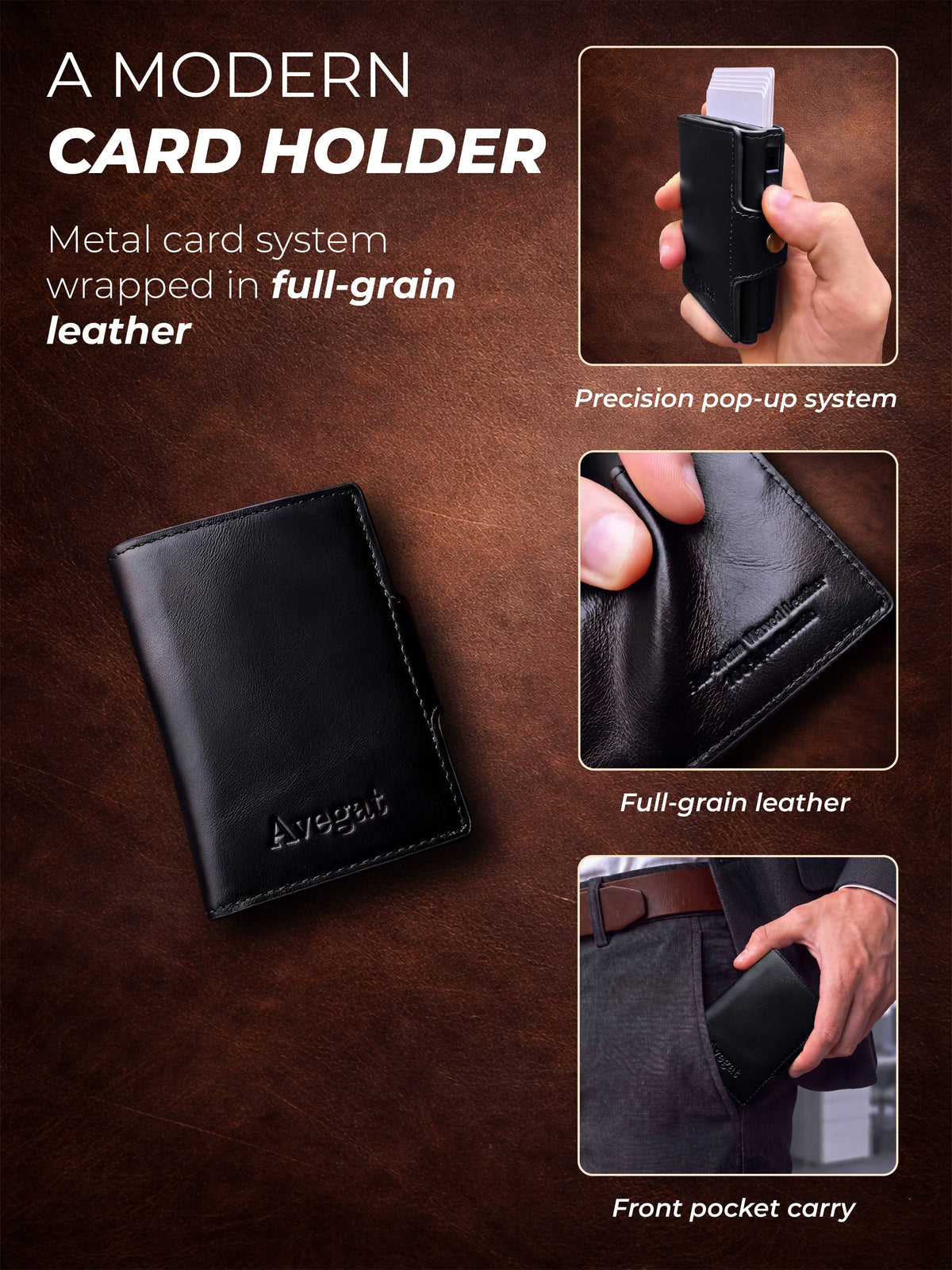 Avegat Card Holder Wallet for Men – Full-Grain Leather (Obsidian Black)