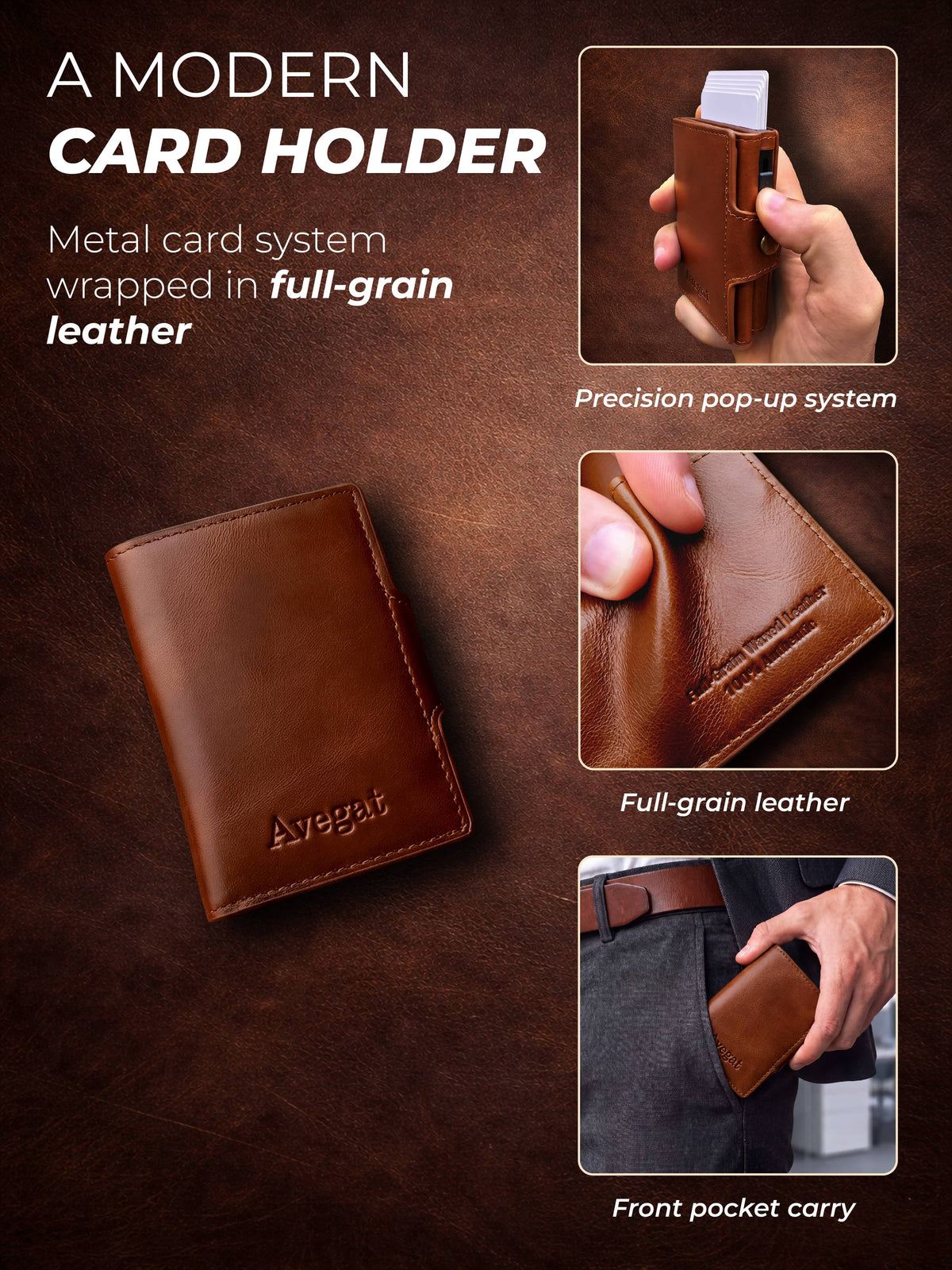 Avegat Card Holder Wallet for Men – Full-Grain Leather (Cognac Brown)